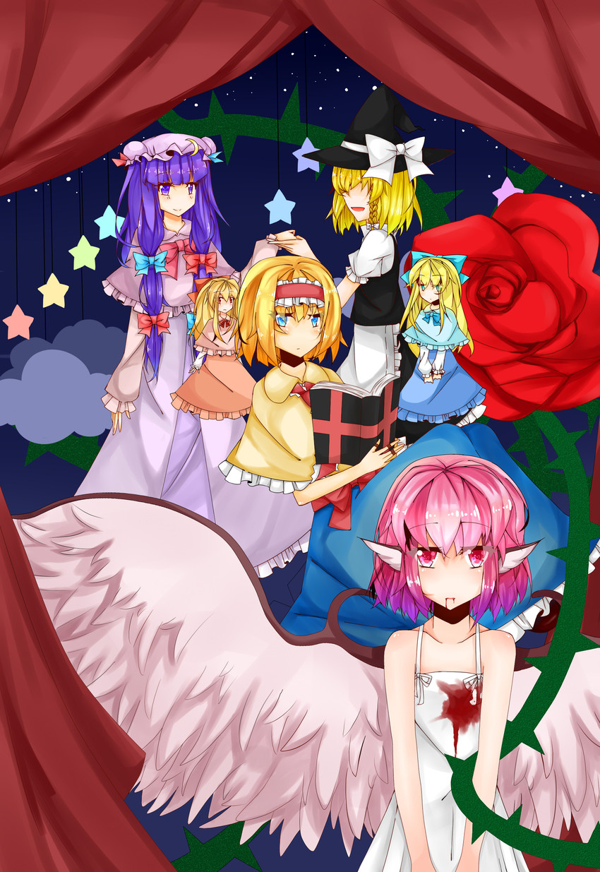 kirisame marisa, alice margatroid, patchouli knowledge, mystia lorelei, shanghai doll, and 1 more (touhou) drawn by aisee