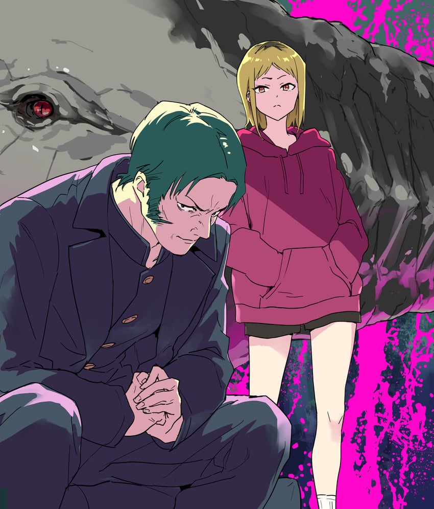 katana man, sawatari akane, and snake devil (chainsaw man) drawn by miman