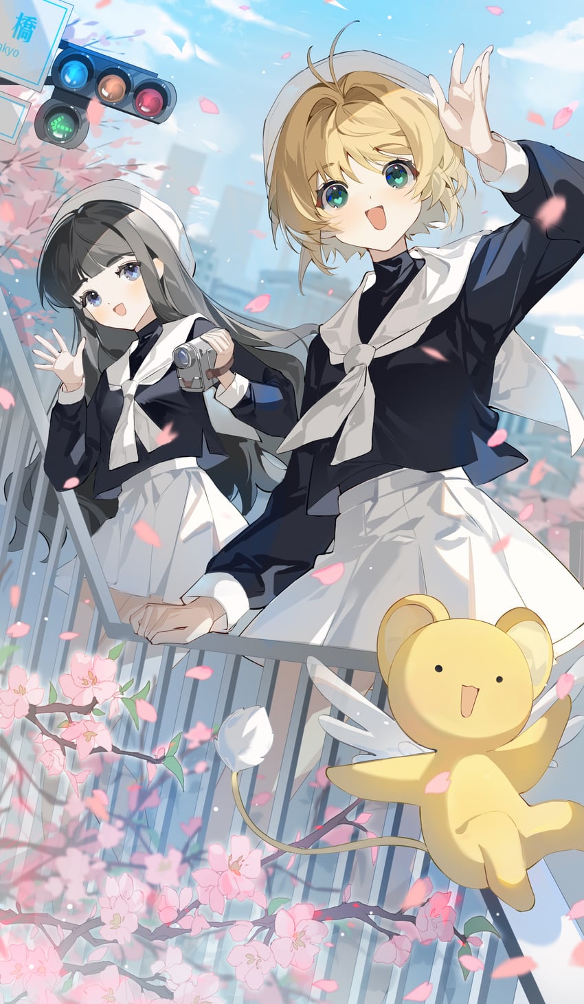 kinomoto sakura, kero, and daidouji tomoyo (cardcaptor sakura) drawn by qin_chi