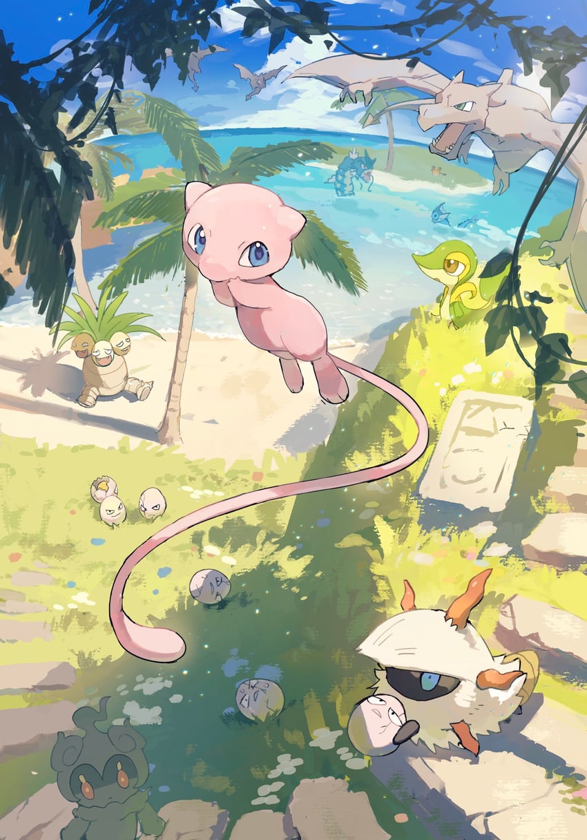 vaporeon, snivy, mew, dedenne, gyarados, and 5 more (pokemon and 2 more) drawn by moufuillust