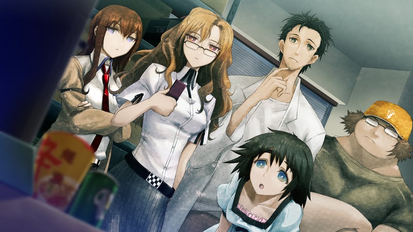 makise kurisu, okabe rintarou, shiina mayuri, kiryuu moeka, and hashida itaru (steins;gate) drawn by huke