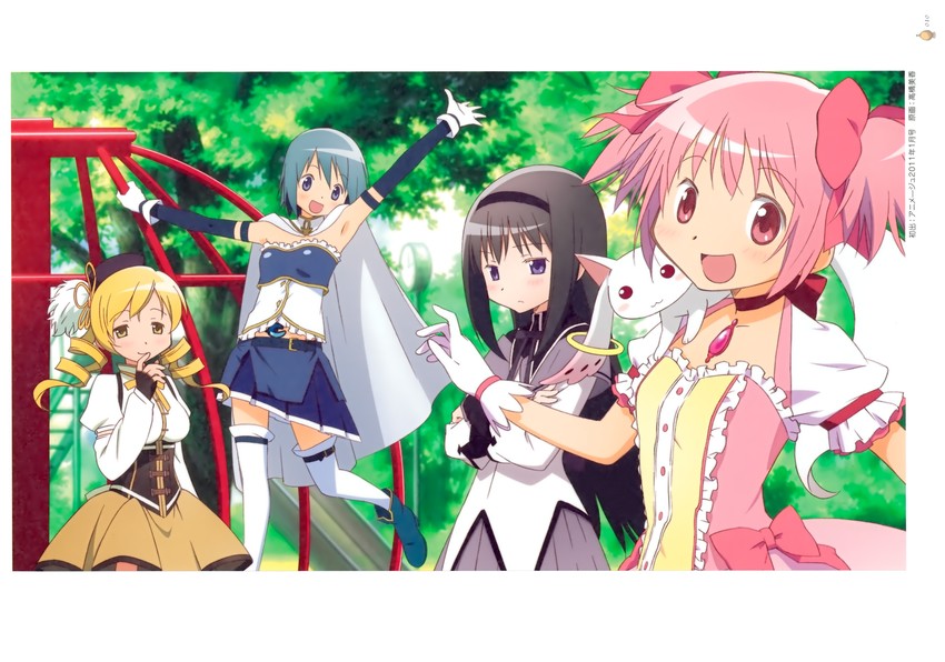 akemi homura, kaname madoka, miki sayaka, tomoe mami, and kyubey (mahou shoujo madoka magica) drawn by takahashi_mika