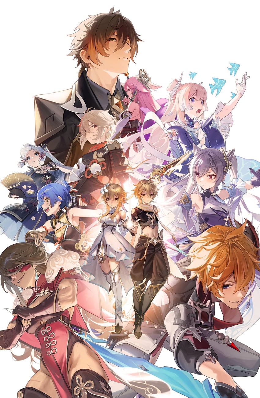 lumine, aether, yae miko, zhongli, keqing, and 6 more (genshin impact) drawn by daniel_deng