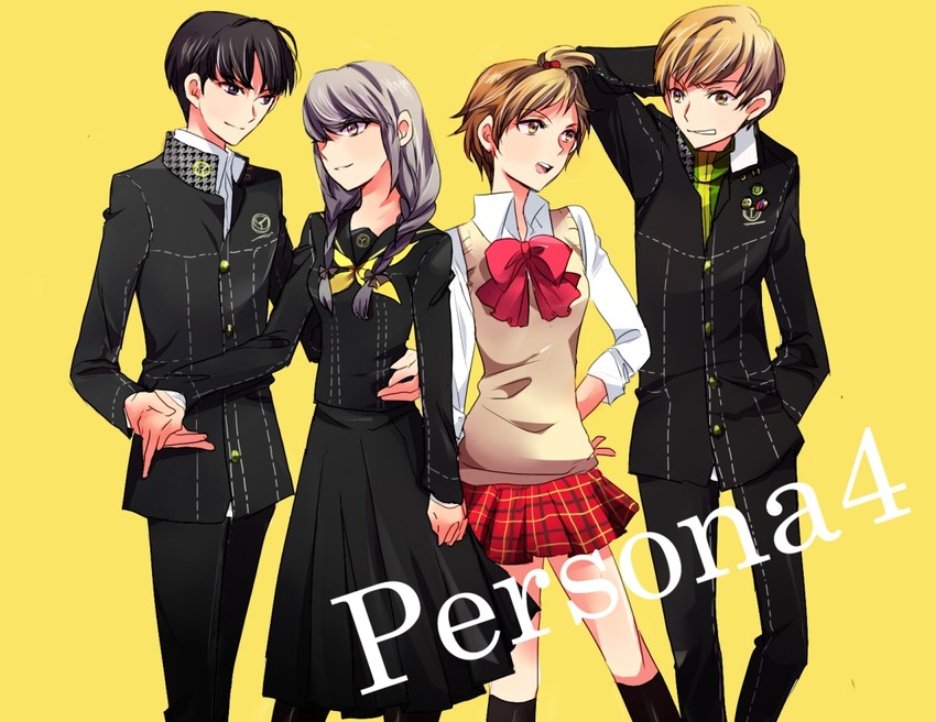narukami yu, satonaka chie, amagi yukiko, and hanamura yousuke (persona and 1 more) drawn by kairi_(kairi10106)