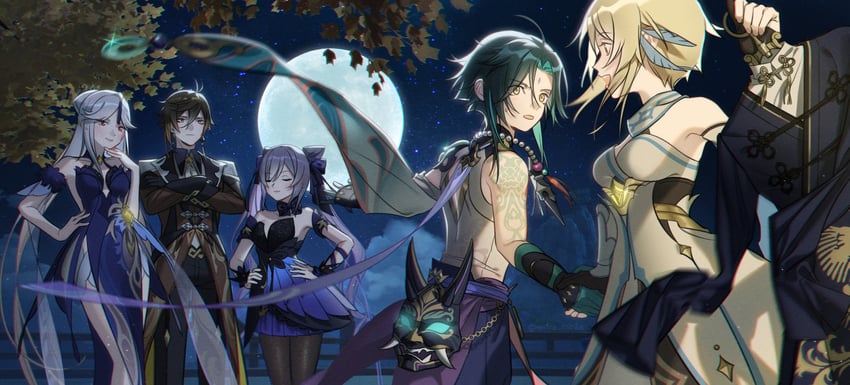 lumine, zhongli, keqing, xiao, and ningguang (genshin impact) drawn by extra_minta