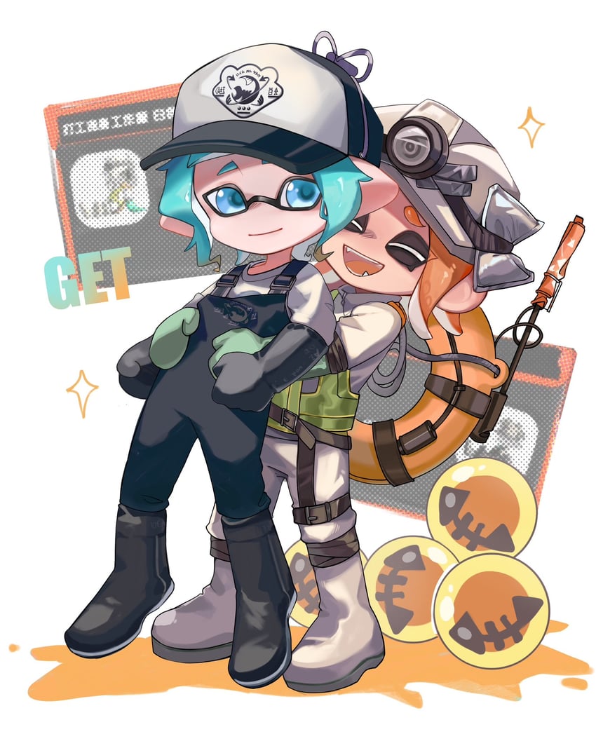 inkling player character, inkling girl, octoling player character, and octoling girl (splatoon) drawn by feiguasang