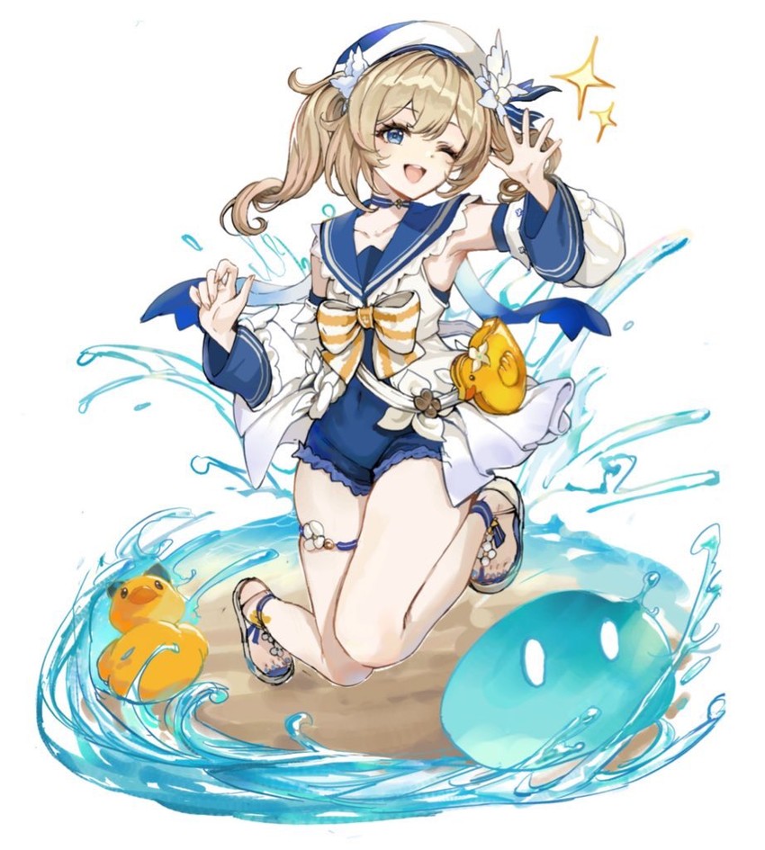 barbara, slime, and hydro slime (genshin impact) drawn by shizakiya