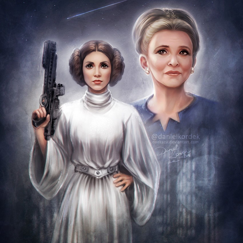 princess leia and carrie fisher (star wars and 2 more) drawn by daekazu