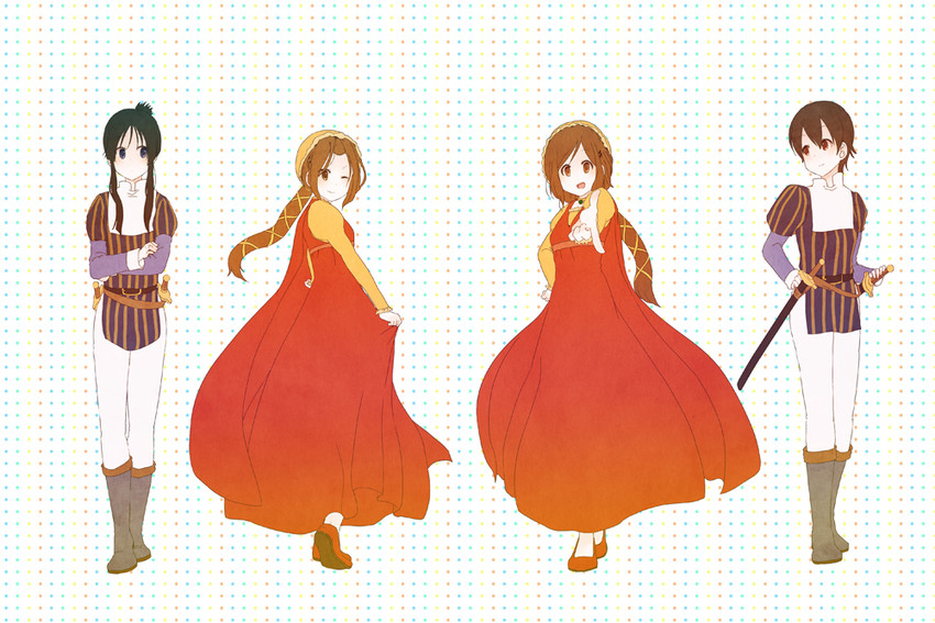 akiyama mio, hirasawa yui, tainaka ritsu, manabe nodoka, juliet capulet, and 1 more (k-on! and 1 more) drawn by komugiko