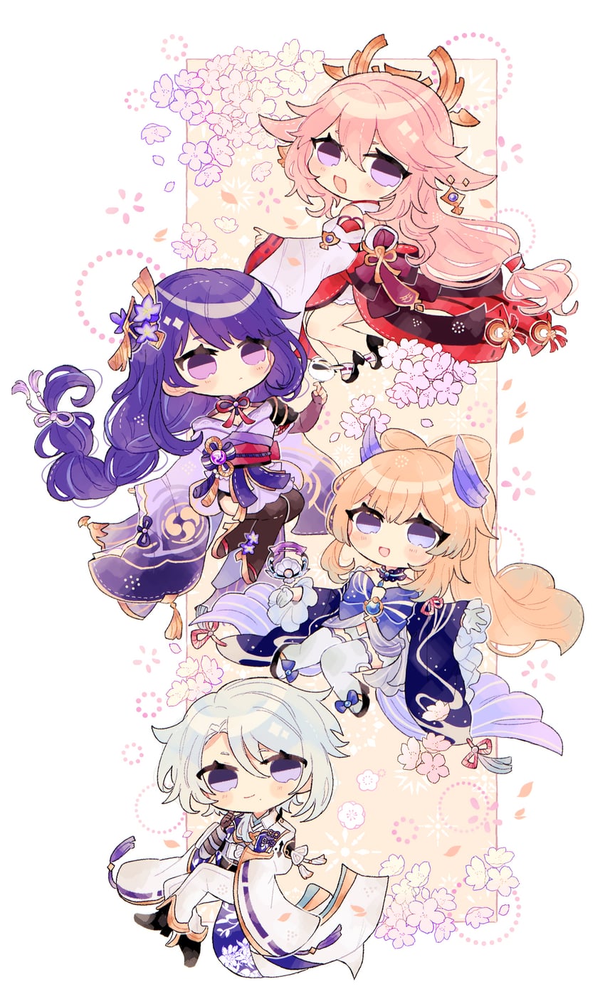 raiden shogun, yae miko, sangonomiya kokomi, and kamisato ayato (genshin impact) drawn by poe_www