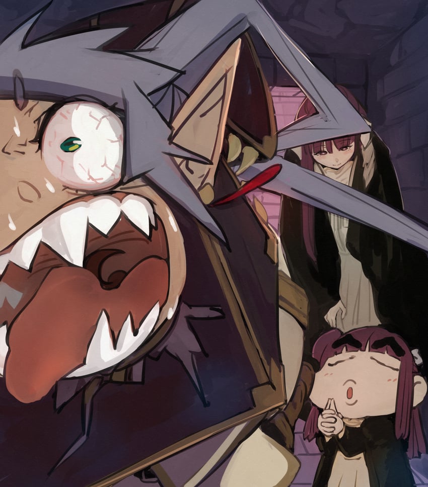 frieren, fern, and nohara shinnosuke (sousou no frieren and 1 more) drawn by higemu