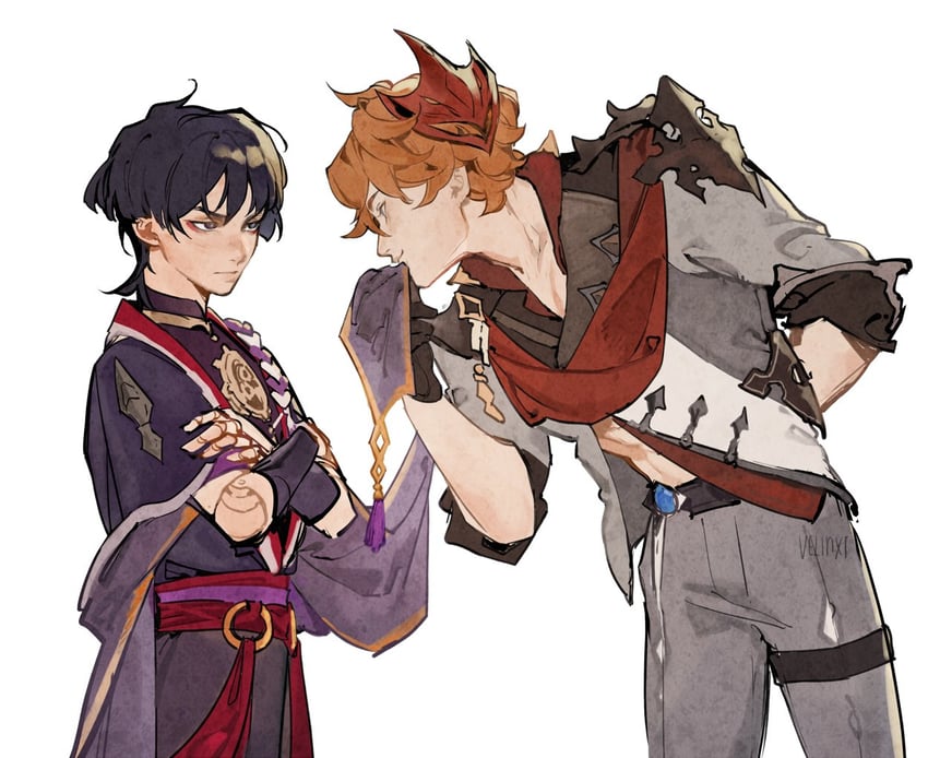 scaramouche and tartaglia (genshin impact) drawn by velinxi