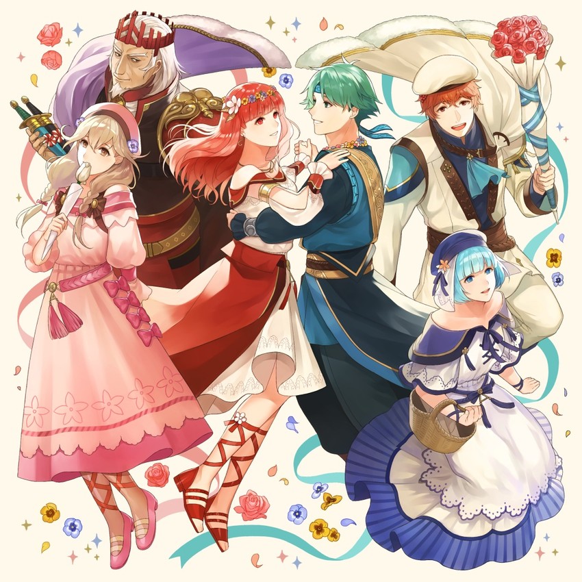 celica, alm, faye, silque, conrad, and 1 more (fire emblem and 2 more) drawn by aym_(ash3ash3ash)