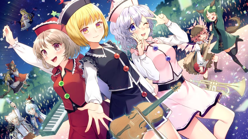hakurei reimu, kirisame marisa, yakumo yukari, fujiwara no mokou, kamishirasawa keine, and 5 more (touhou) drawn by kaede_(mmkeyy)