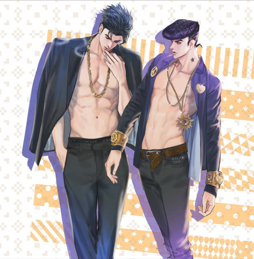 kujo jotaro and higashikata josuke (jojo no kimyou na bouken and 2 more) drawn by vrekx_x