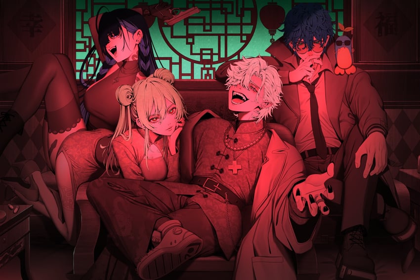 kuzuha, furen e lustario, leos vincent, and meloco kyoran (nijisanji and 1 more) drawn by maou_(demonlord)