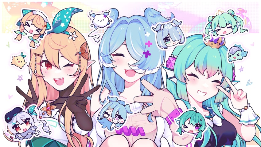 elira pendora, pomu rainpuff, finana ryugu, pomudachi, ryuguard, and 1 more (nijisanji and 1 more) drawn by hyuni_(hyunicat)