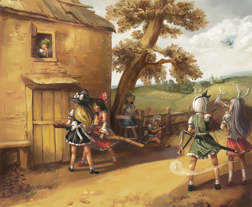 hakurei reimu, kirisame marisa, izayoi sakuya, kochiya sanae, konpaku youmu, and 3 more (touhou) drawn by amibazh