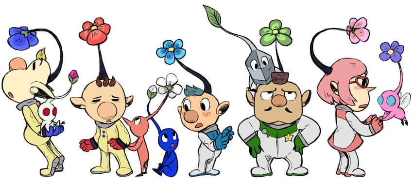 red pikmin, olimar, blue pikmin, white pikmin, louie, and 6 more (pikmin) drawn by urfbownd
