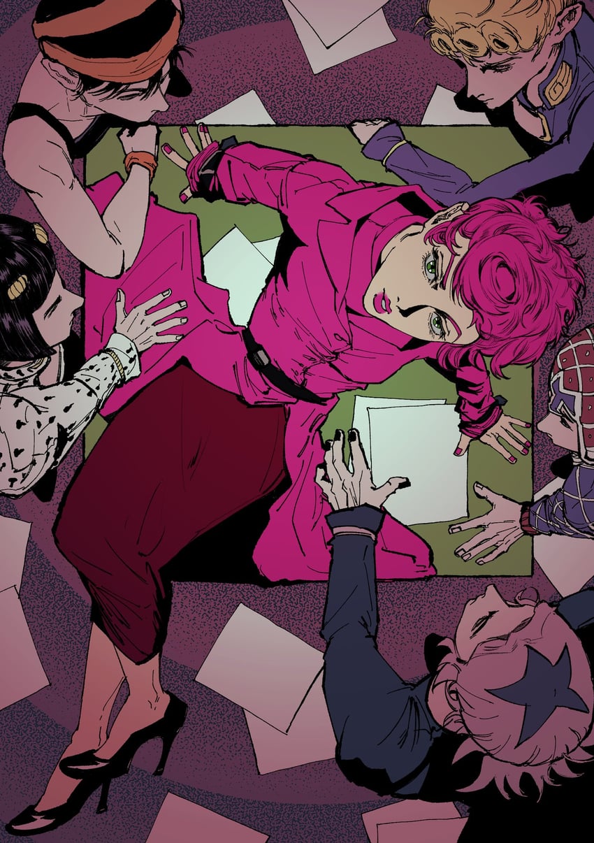 giorno giovanna, bruno bucciarati, guido mista, narancia ghirga, pannacotta fugo, and 2 more (jojo no kimyou na bouken and 1 more) drawn by kimeohandream