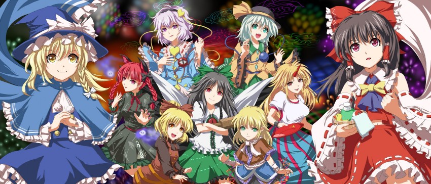 hakurei reimu, kirisame marisa, komeiji koishi, komeiji satori, kaenbyou rin, and 4 more (touhou and 1 more) drawn by fuji_hyorone