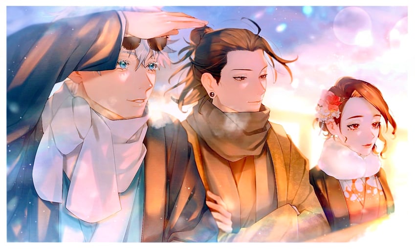 gojou satoru, getou suguru, and ieiri shoko (jujutsu kaisen) drawn by kuropani_cos