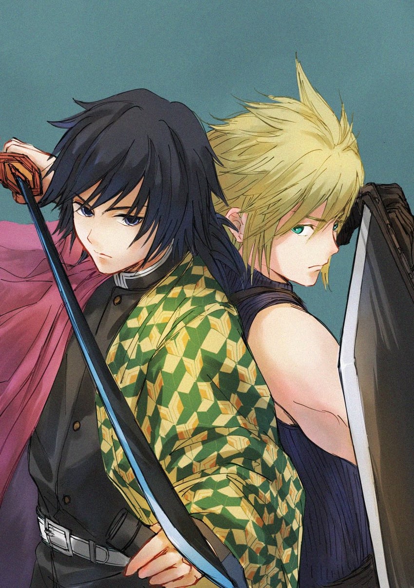 cloud strife and tomioka giyuu (final fantasy and 2 more) drawn by pulupulupoodle
