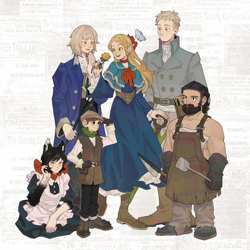 marcille donato, falin touden, laios touden, senshi, chilchuck tims, and 1 more (dungeon meshi) drawn by null1399