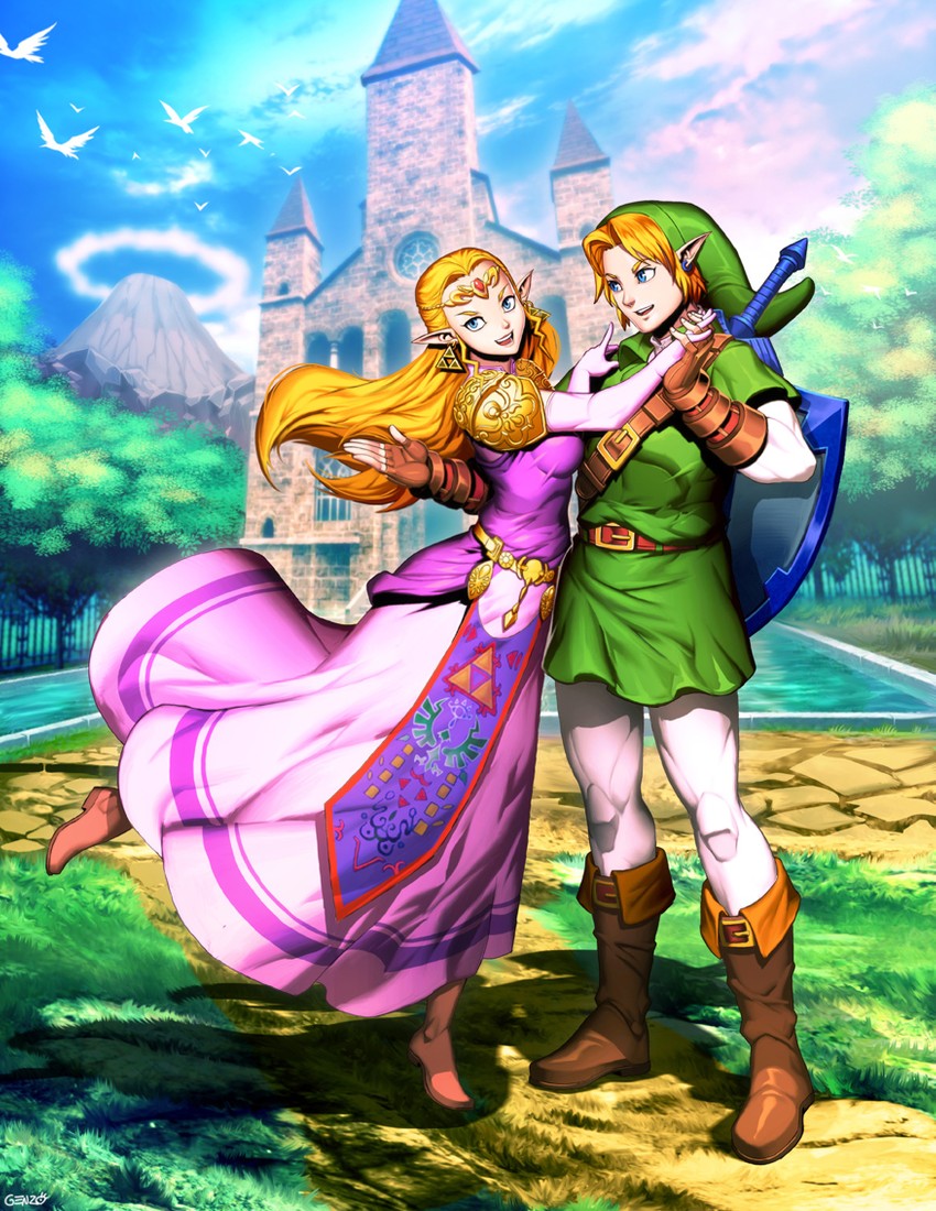 link and princess zelda (the legend of zelda and 1 more) drawn by genzoman