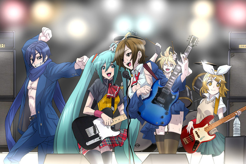 hatsune miku, kagamine rin, kagamine len, kaito, and meiko (vocaloid) drawn by hirabaru_kenji