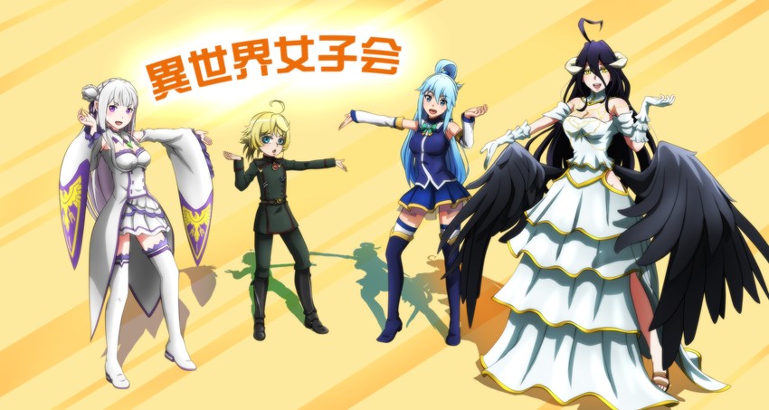 aqua, emilia, albedo, and tanya degurechaff (kono subarashii sekai ni shukufuku wo! and 4 more) drawn by genya_(genya67)