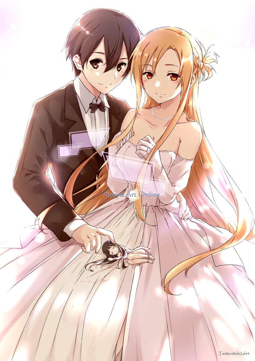 asuna, kirito, and yui (sword art online) drawn by shi-2