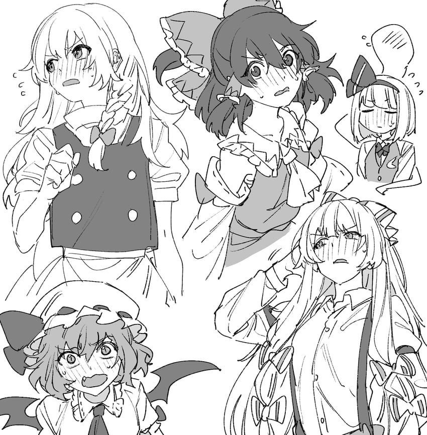 hakurei reimu, kirisame marisa, remilia scarlet, konpaku youmu, and fujiwara no mokou (touhou) drawn by mero_(starfish_jcs)
