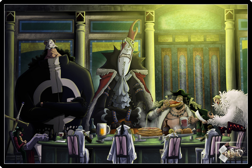 donquixote doflamingo, dracule mihawk, marshall d. teach, bartholomew kuma, and gecko moria (one piece) drawn by oda_eiichirou