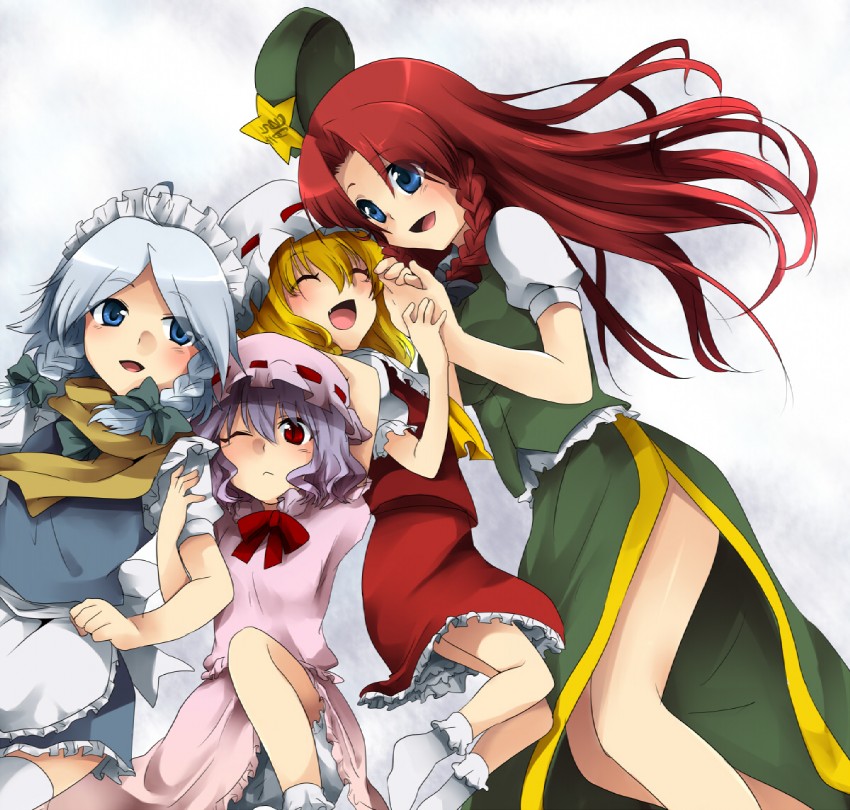 remilia scarlet, flandre scarlet, izayoi sakuya, and hong meiling (touhou) drawn by marimo_danshaku