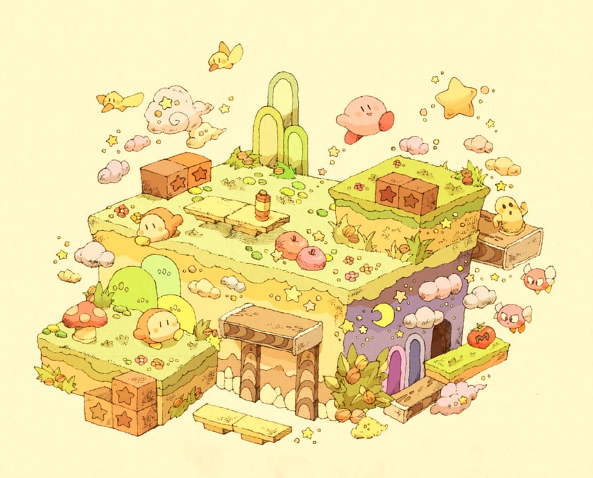 kirby, waddle dee, bronto burt, cappy, and twizzy (kirby) drawn by maniani