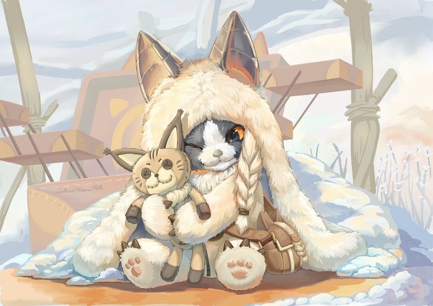 player palico, grimalkyne, and bugtrapper (monster hunter and 2 more) drawn by cattailmaru