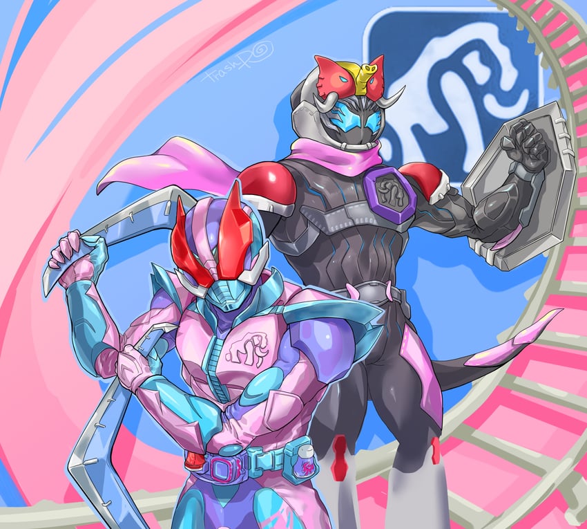 kamen rider revi and kamen rider vice (kamen rider and 1 more) drawn by huujyu
