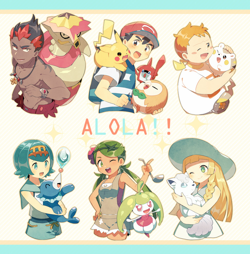 pikachu, lillie, ash ketchum, rotom, rowlet, and 10 more (pokemon and 1 more) drawn by haneten_kagatsu