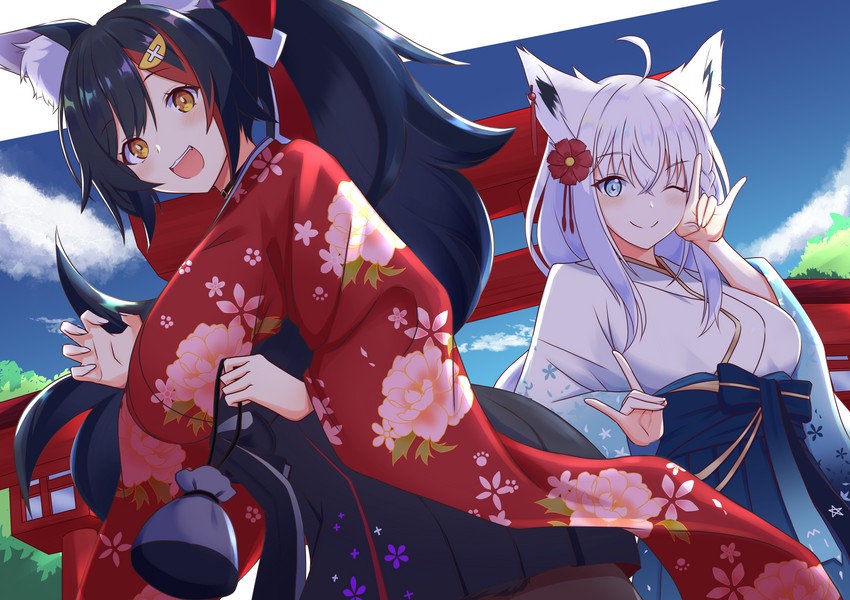 shirakami fubuki and ookami mio (hololive) drawn by pipin_try