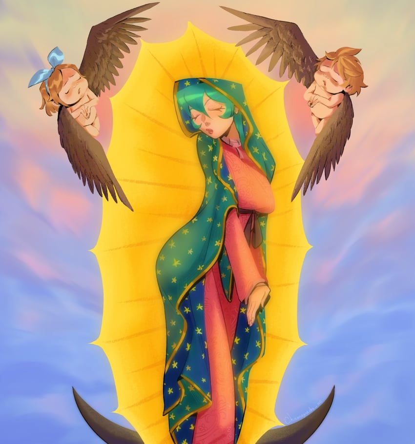 hatsune miku, kagamine rin, kagamine len, and virgin mary (vocaloid) drawn by chamoyada_ac