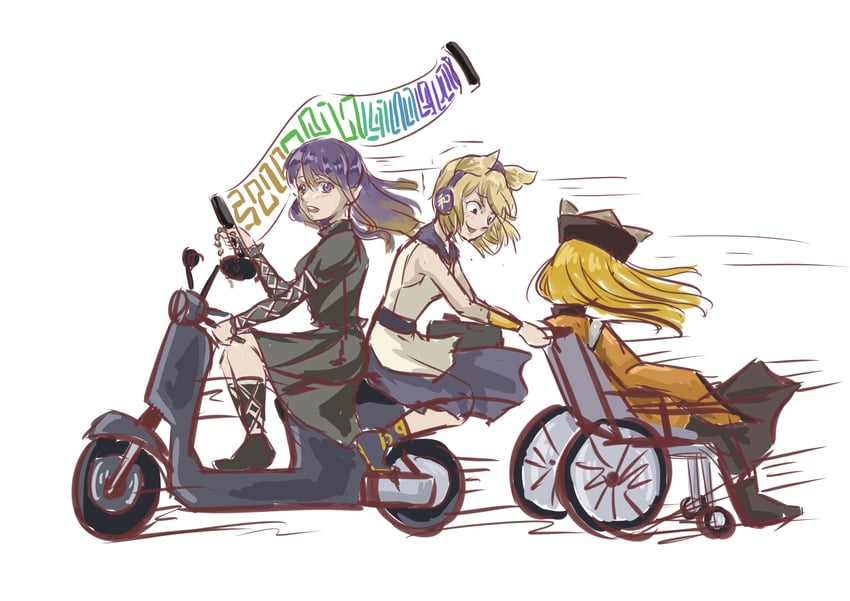 hijiri byakuren, toyosatomimi no miko, and matara okina (touhou) drawn by chileshi