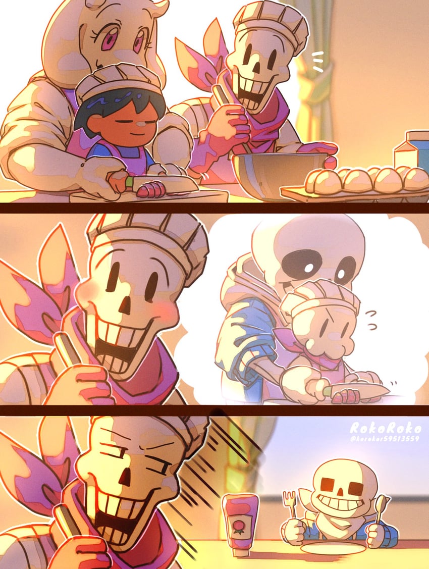 frisk, sans, papyrus, and toriel (undertale) drawn by noah_(rokoroko)