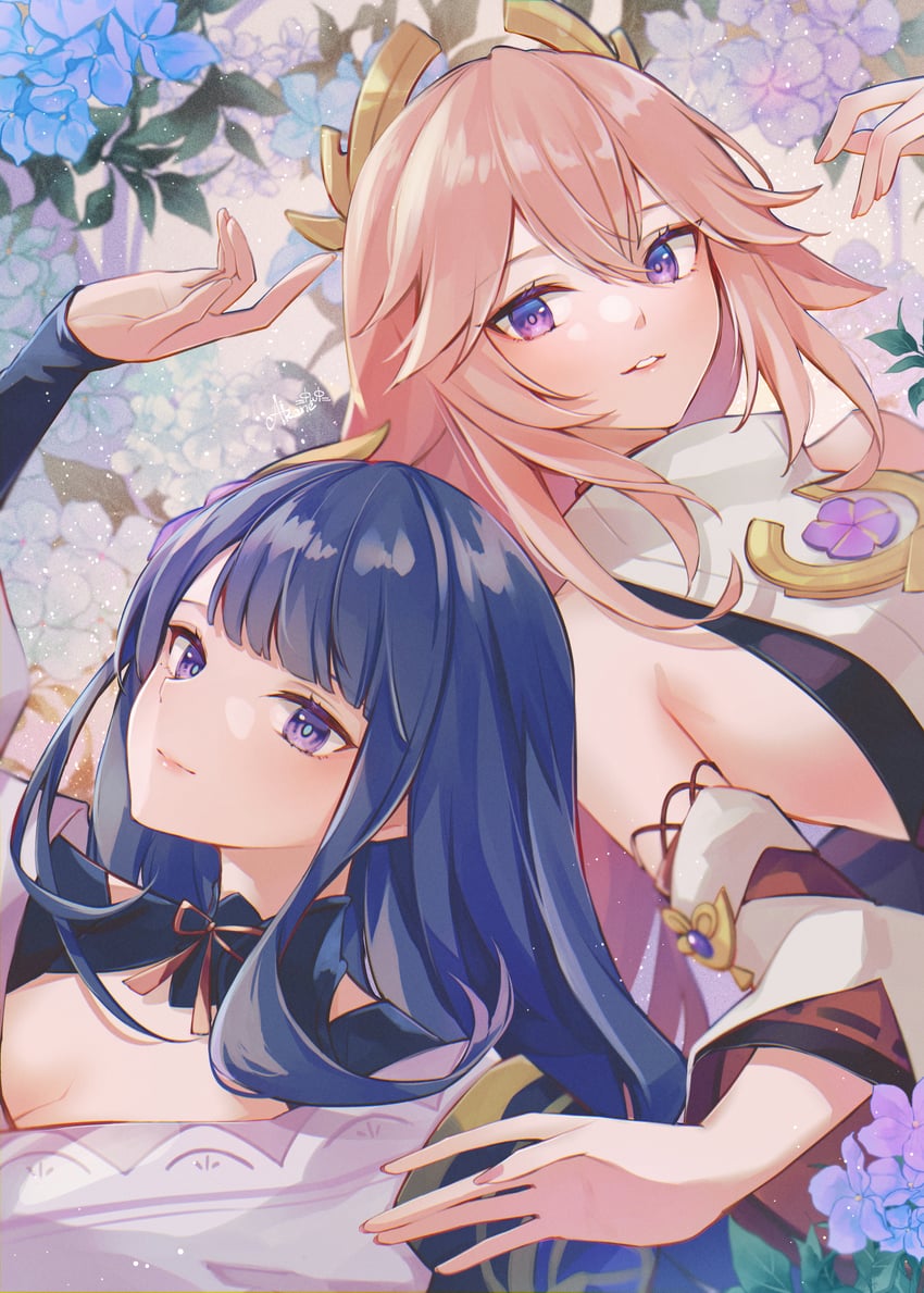 raiden shogun and yae miko (genshin impact) drawn by 7aka_ne11