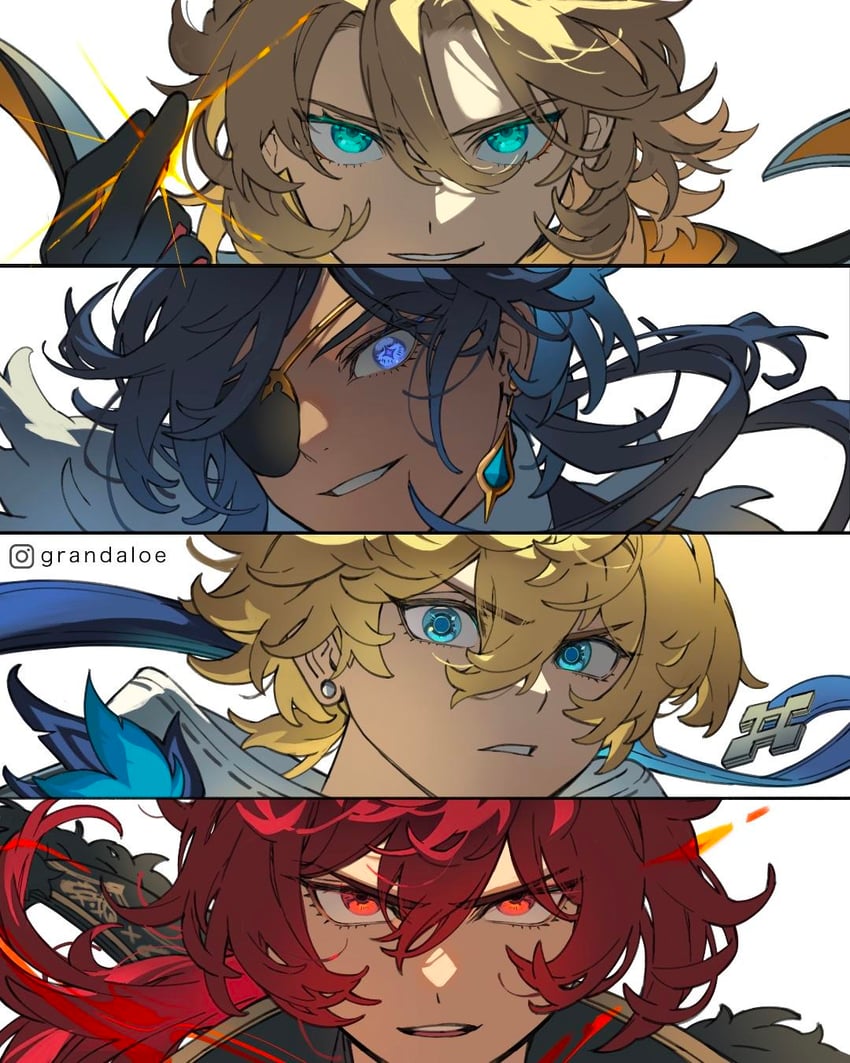 diluc, kaeya, albedo, and mika (genshin impact) drawn by grandaloe