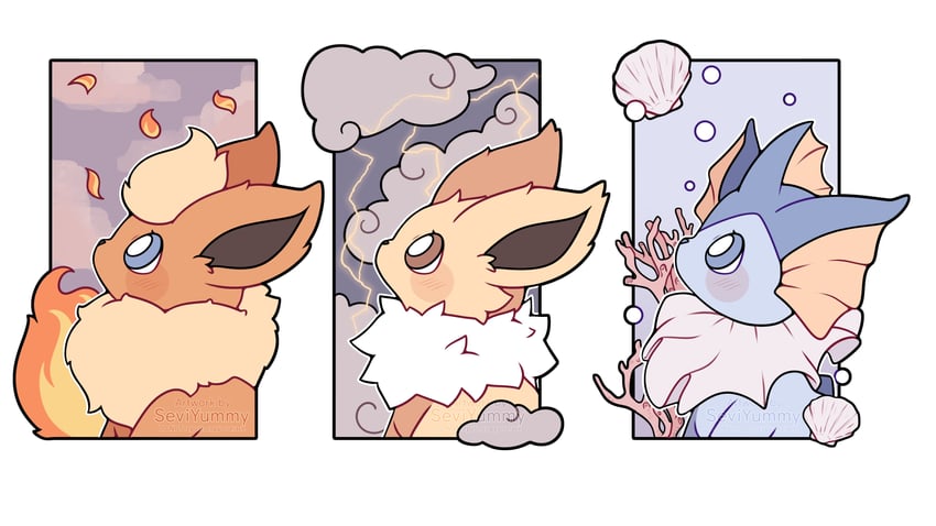 vaporeon, flareon, and jolteon (pokemon) drawn by sevi_(seviyummy)