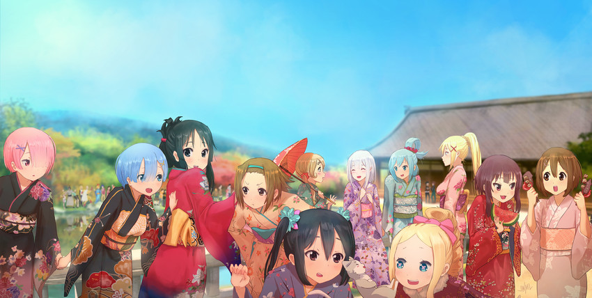 akiyama mio, rem, megumin, nakano azusa, hirasawa yui, and 16 more (k-on! and 8 more) drawn by justin_leyva_(steamy_tomato)