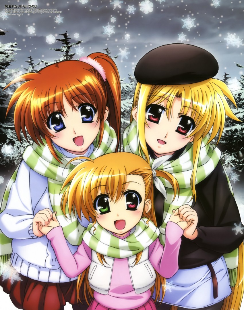 fate testarossa, takamachi nanoha, and vivio (lyrical nanoha and 2 more) drawn by okuda_yasuhiro