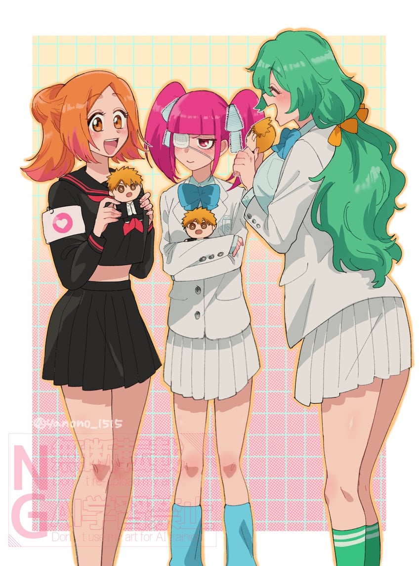 inoue orihime, kurosaki ichigo, nelliel tu odelschwanck, and dokugamine riruka (bleach) drawn by yanono_015