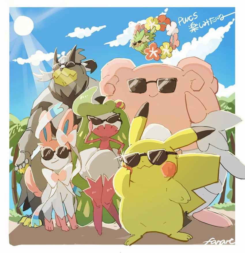 pikachu, sylveon, tsareena, comfey, blissey, and 1 more (pokemon) drawn by n5947136332810
